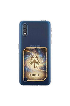 Samsung Galaxy A01 ile Uyumlu Burç Kartları Akrep Tasarımlı Şeffaf Silikon Kılıf