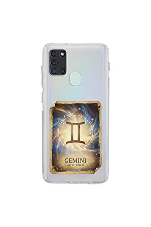 Samsung Galaxy A21S ile Uyumlu Burç Kartları İkizler Tasarımlı Şeffaf Silikon Kılıf