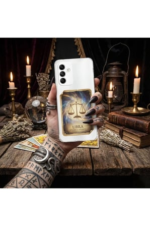 Samsung Galaxy M32 ile Uyumlu Burç Kartları Terazi Tasarımlı Şeffaf Silikon Kılıf