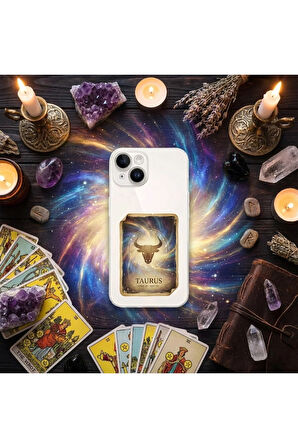 Samsung Galaxy S24 ile Uyumlu Burç Kartları Boğa Tasarımlı Şeffaf Silikon Kılıf