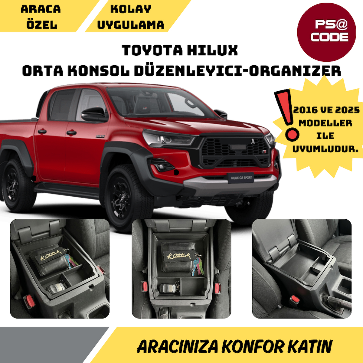 Toyota Hilux 2016-2025 ile uyumlu, orta konsol düzenleyici-organizer