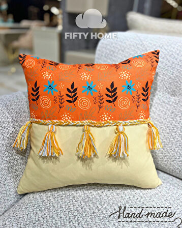 1 adet Örgülü Püskülü kırlent kılıfı 43 x 43 cm renkli - El yapımı Handmade kırlent kılıfı