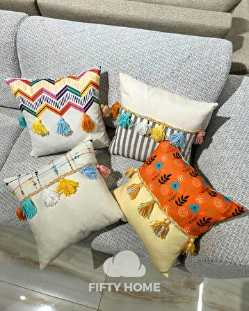 1 adet Örgülü Püskülü kırlent kılıfı 43 x 43 cm renkli - El yapımı Handmade kırlent kılıfı