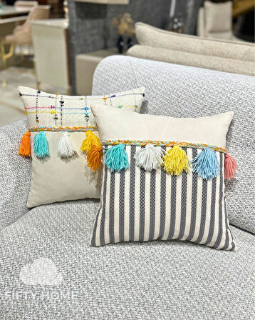 1 adet Örgülü Püskülü kırlent kılıfı 43 x 43 cm renkli - El yapımı Handmade kırlent kılıfı