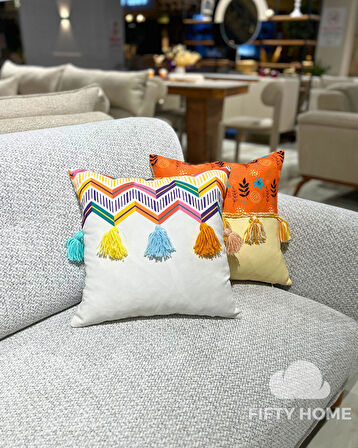 1 adet Örgülü Püskülü kırlent kılıfı 43 x 43 cm renkli - El yapımı Handmade kırlent kılıfı