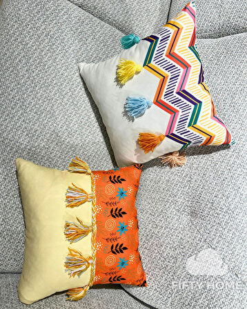 1 adet Örgülü Püskülü kırlent kılıfı 43 x 43 cm renkli - El yapımı Handmade kırlent kılıfı