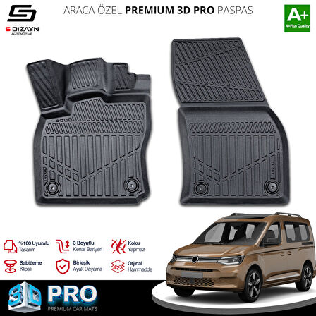 S-Dizayn VW Caddy Panelvan 3D Pro Havuzlu Paspas Ön 2'Li 2020 Üzeri A+ Kalite