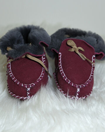 Unisex Bebek %100 Hakiki Deri El Yapımı Bebek Patiği | Yumuşak, Sıcak ve Rahat Ayakkabı Bordo