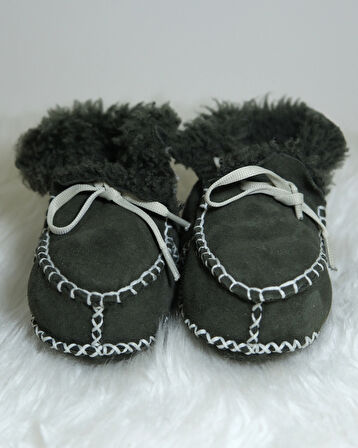 Unisex Bebek %100 Hakiki Deri El Yapımı Bebek Patiği | Yumuşak, Sıcak ve Rahat Ayakkabı Haki