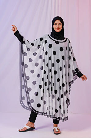 Kimono Pareo - Tesettür Pareo - Puantiyeli Beyaz 240x135 Cm