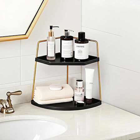 Dekoratif 2 Katlı Raf | Çok Amaçlı Organizer Paslanmaz Çelik & Ahşap Stand – Salon, Mutfak, Banyo, Çalışma Alanı İçin