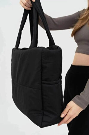 Lula Kabartmalı Puf Kumaş Shopper Çanta - Siyah