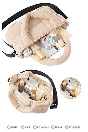 Puffer Tote Bag Kadın Omuz Çantası - Kabartmalı Kapitone Kadın Çantası - Krem