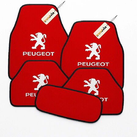 Kırmızı Renk Peugeot Logolu Oto Halı Paspas Takımı 5 Parça – Kaymaz ve Su Geçirmez Otomobil Paspas Seti