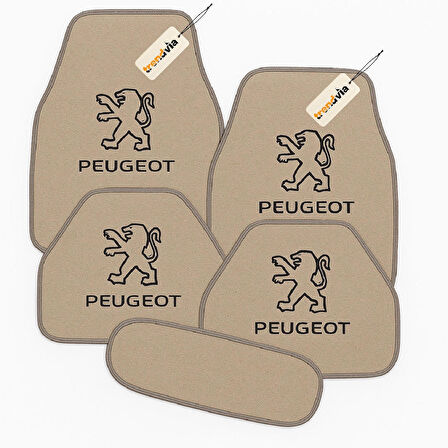Bej Renk Peugeot Logolu Oto Halı Paspas Takımı 5 Parça – Kaymaz ve Su Geçirmez Otomobil Paspas Seti