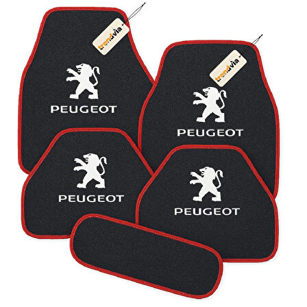 Antrasit Kırmızı Renk Peugeot Logolu Oto Halı Paspas Takımı 5 Parça – Kaymaz ve Su Geçirmez Otomobil Paspas Seti