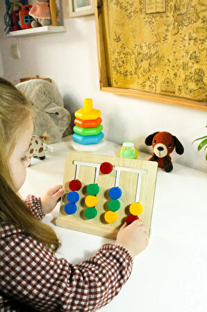 Ahşap Renkli Pullarla Kartlı Sıralama Oyunu -Eğitici Montessori Oyuncağı - Puzzle