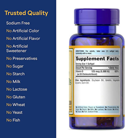 Puritan's Pride Vitamin D3 125 mcg 5000 IU 200 Softgels