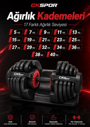 CKSpor 2 x 40 KG Ayarlanabilir Dambıl Seti Mekanizmalı 17 Kademeli Fitness Ağırlık Seti