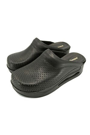 Kadın Hakiki Deri Siyah Ortopedik Sabo Terlik
