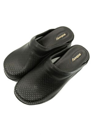 Kadın Hakiki Deri Siyah Ortopedik Sabo Terlik
