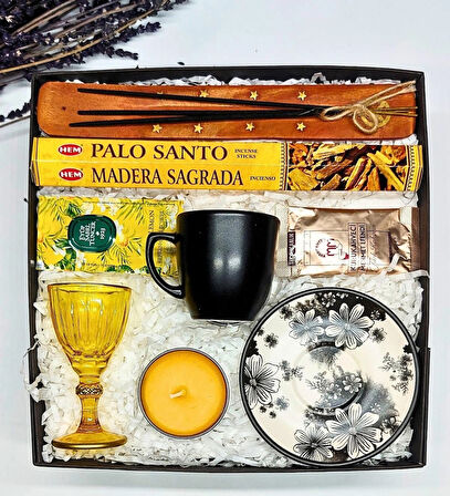 Kahve Fincanı - Kahve Yanı Bardağı - Kokulu Mum - Tütsü Kahve Hediye Seti