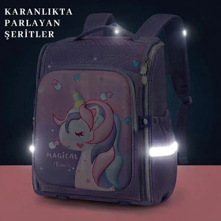 Unicorn Temalı 3D Desenli Anaokulu ve İlköğretim Çocuk Okul Çantası Mor