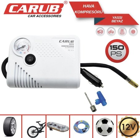 Carub Hava Kompresörü Yassı 12V Beyaz 150 Psi Çakmaklık Girişli Lastik Şişirici