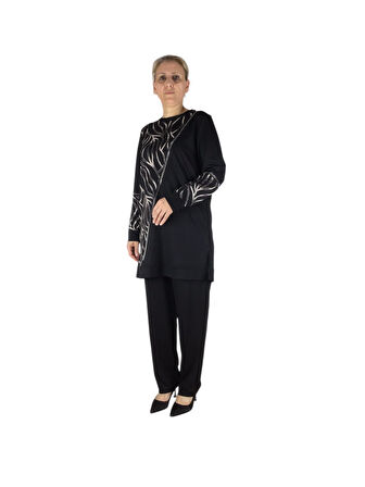 KADIN BLUZ ÖNÜ DESENLİ TAŞLI PANTOLON LASTİKLİ İKİLİ TAKIM-nergist1