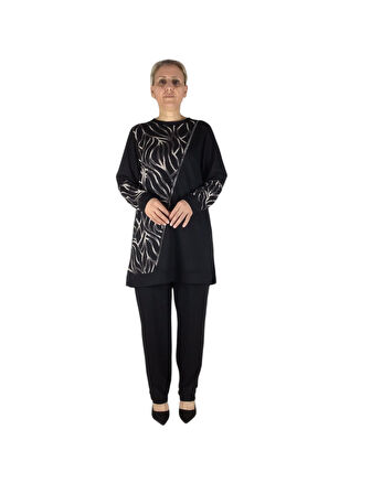 KADIN BLUZ ÖNÜ DESENLİ TAŞLI PANTOLON LASTİKLİ İKİLİ TAKIM-nergist1