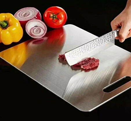  Paslanmaz Çelik Metal Kesme Tahtası, Antibakteriyel 34x23 cm Yapışkan Silikon Hediyeli1,2 MM