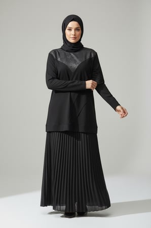 KADIN JAKAR DETAYLI ALTI BANTLI ETEK BELİ LASTİKLİ PLİSELİ ETEKLİ TAKIM