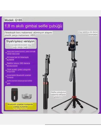Q185 Akıllı Yüz Takip Özellikli Kameralı Kumandalı Canlı Yayın Selfi Çubuğu Gimbal Tripod