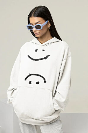 Gülen Yüz Baskılı Unisex Oversize Hoodie