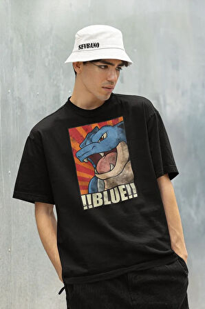 !! Blue !! Pokemon Çizgi Film Baskılı Unisex Oversize Tişört