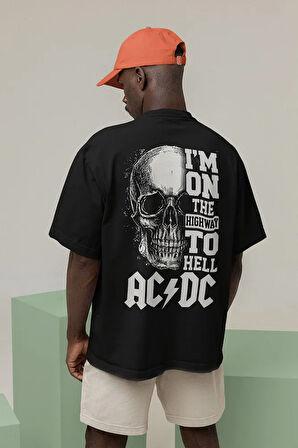 Im On The Highway To Hell AC DC Baskılı Unisex Oversize Rock Metal Tişört