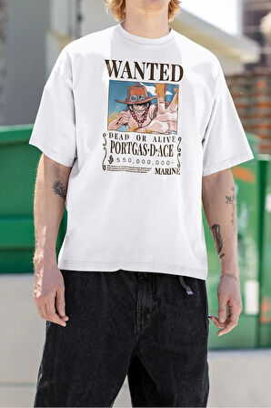Wanted Portgas D Ace Baskılı Unisex Tişört, Oversize Anime Karakter Tişört