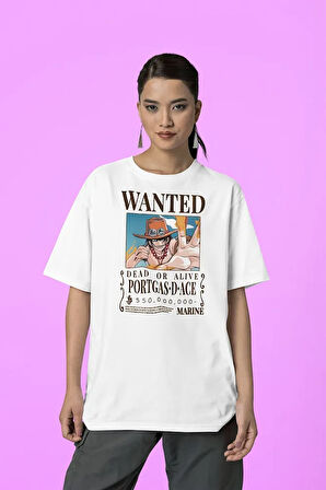 Wanted Portgas D Ace Baskılı Unisex Tişört, Oversize Anime Karakter Tişört