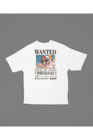 Wanted Portgas D Ace Baskılı Unisex Tişört, Oversize Anime Karakter Tişört