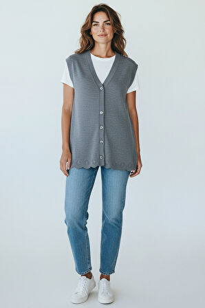 KADIN ÖNÜ DÜĞMELİ CEPLİ KALIN KIŞLIK KISA YELEK