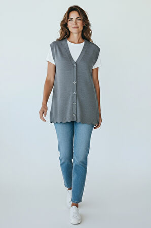 KADIN ÖNÜ DÜĞMELİ CEPLİ KALIN KIŞLIK KISA YELEK