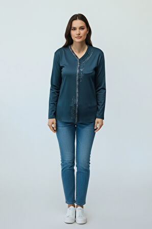 KADIN ÖNÜ KAPALI DÜĞME DETAYLI TAŞLI NERGİS MEVSİMLİK BLUZ