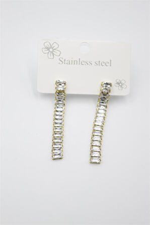 Büyük Baget Taşlı Çelik  Küpe - Altın