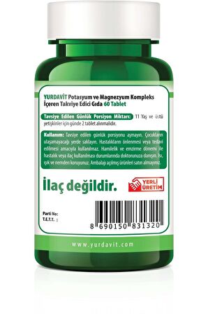 Yurdavit Kalium Magnesium Complex 60 Tablet Potasyum Magnezyum Sitrat Malat Bisglisinat Kompleks 