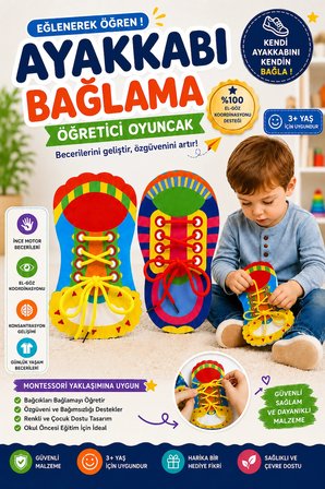 Tineke Montessori Ayakkabı Bağlama Eğitici Oyuncak İnce Motor Beceri Geliştirici Erkek ve Kız 3+ Yaş Çocuklar İçin 2 li