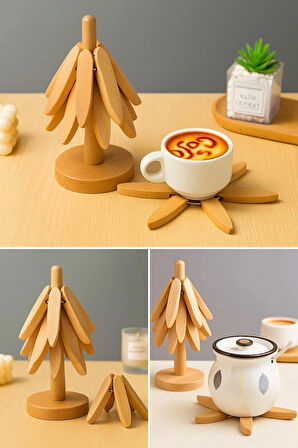 TİNEKE  3'lü Standlı Bambu Nihale Seti, Isıya Dayanıklı Bardak ve Tencere Altı Katlanır Nihale 