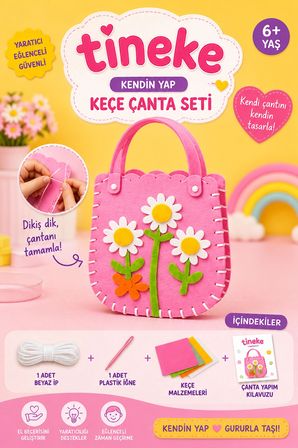 TİNEKE Kendin Yap Keçe Çanta Seti Papatya Desenli – Dikiş Öğrenme Hobi ve El Sanatları Oyuncağı 6+ Yaş