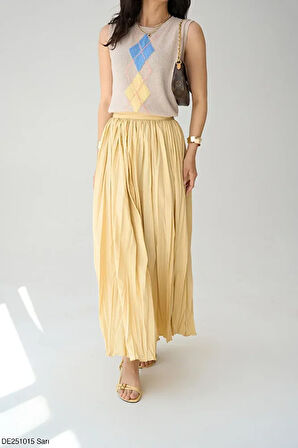 Yüksek Bel Piliseli Uzun Etek Sarı