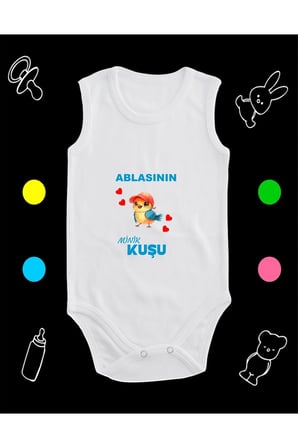 Pamuklu Ablasının Minik Kuşu Baskılı Penye Bebek Body Çıtçıtlı Badi Zıbın ABLMK117