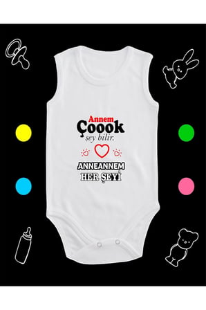 Pamuklu Annem Çokşey Bilir Anneannem Herşeyi Baskılı Penye Bebek Body Çıtçıtlı Badi Zıbın ZYN127